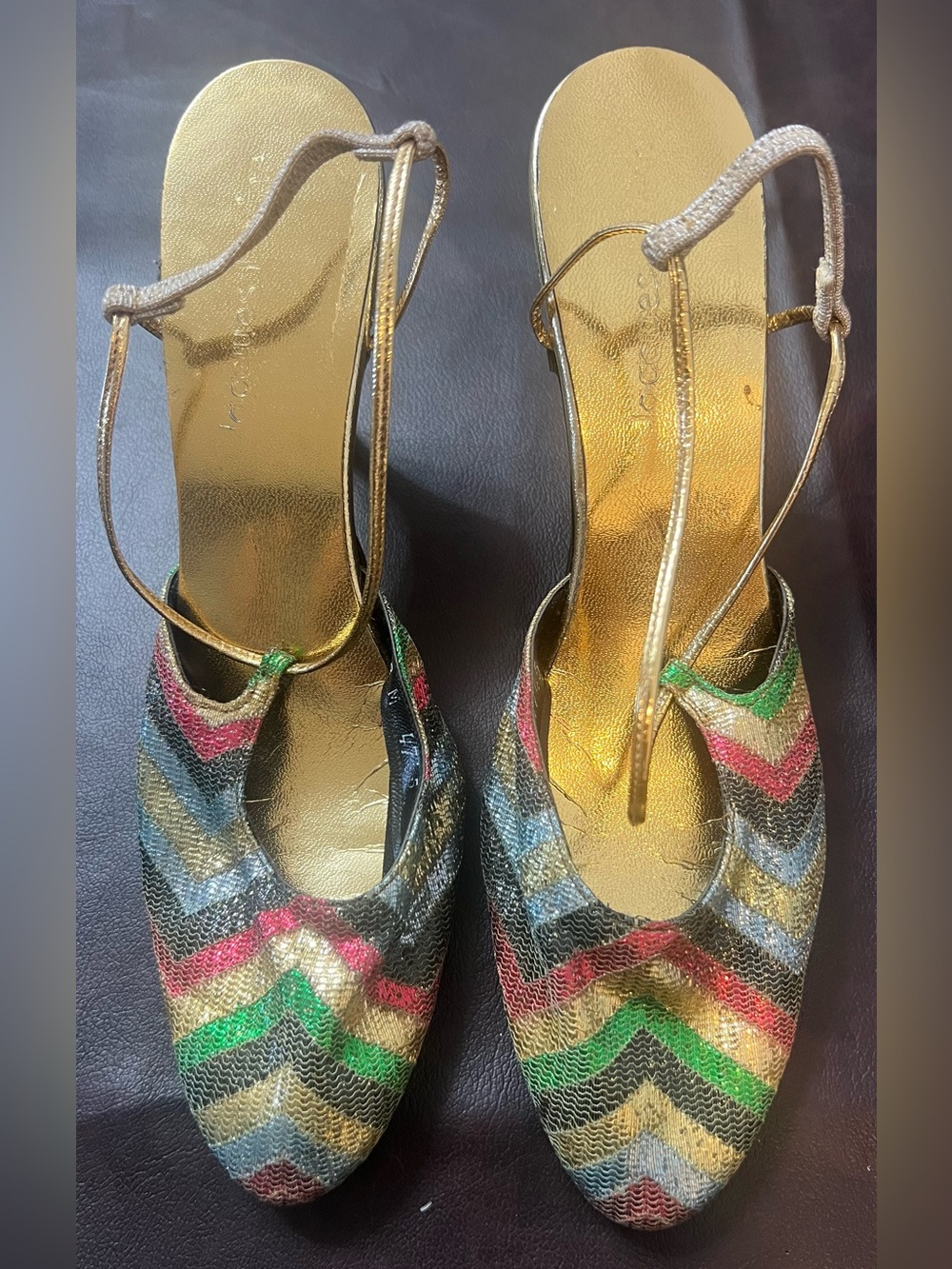 Vintage Jacques Levine MultiColored Metallic Chevron Slingback Heels, Size 8.